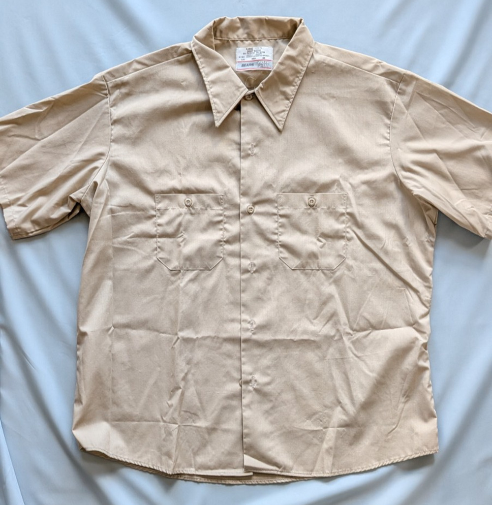Sears Work Shirt Mens XL Beige Twill Short Sleeve Button Front Workwear Gorpcore